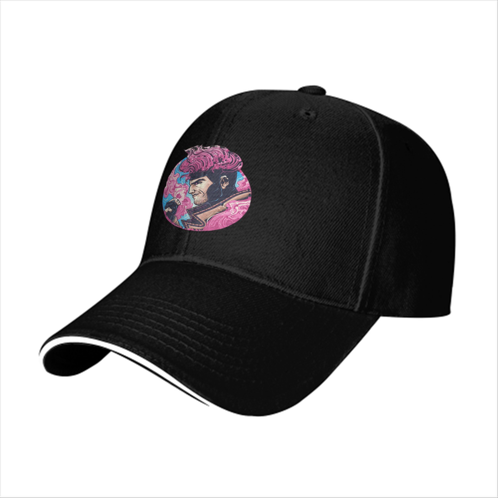 Black Baseball Cap With Pink Superhero Character Art Print