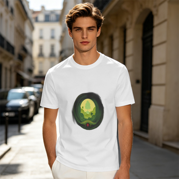 Olive Green T-Shirt with Hobbit Hole Landscape Art Print