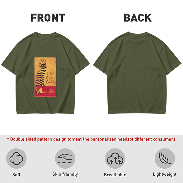 Olive T-shirt with Cheshire Cat Tournee Chat Print