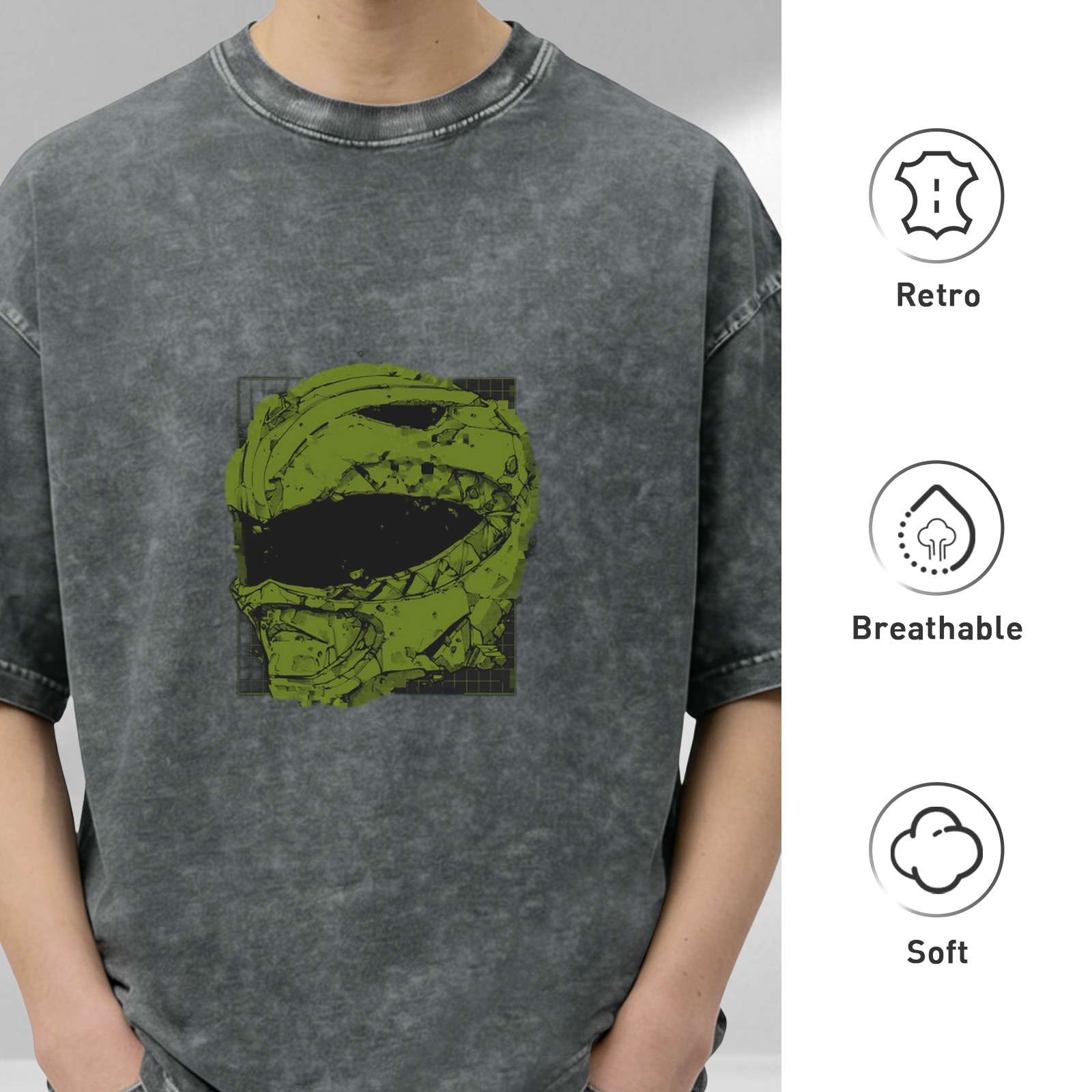 Washed black oversized t-shirt with green damaged helmet graphic