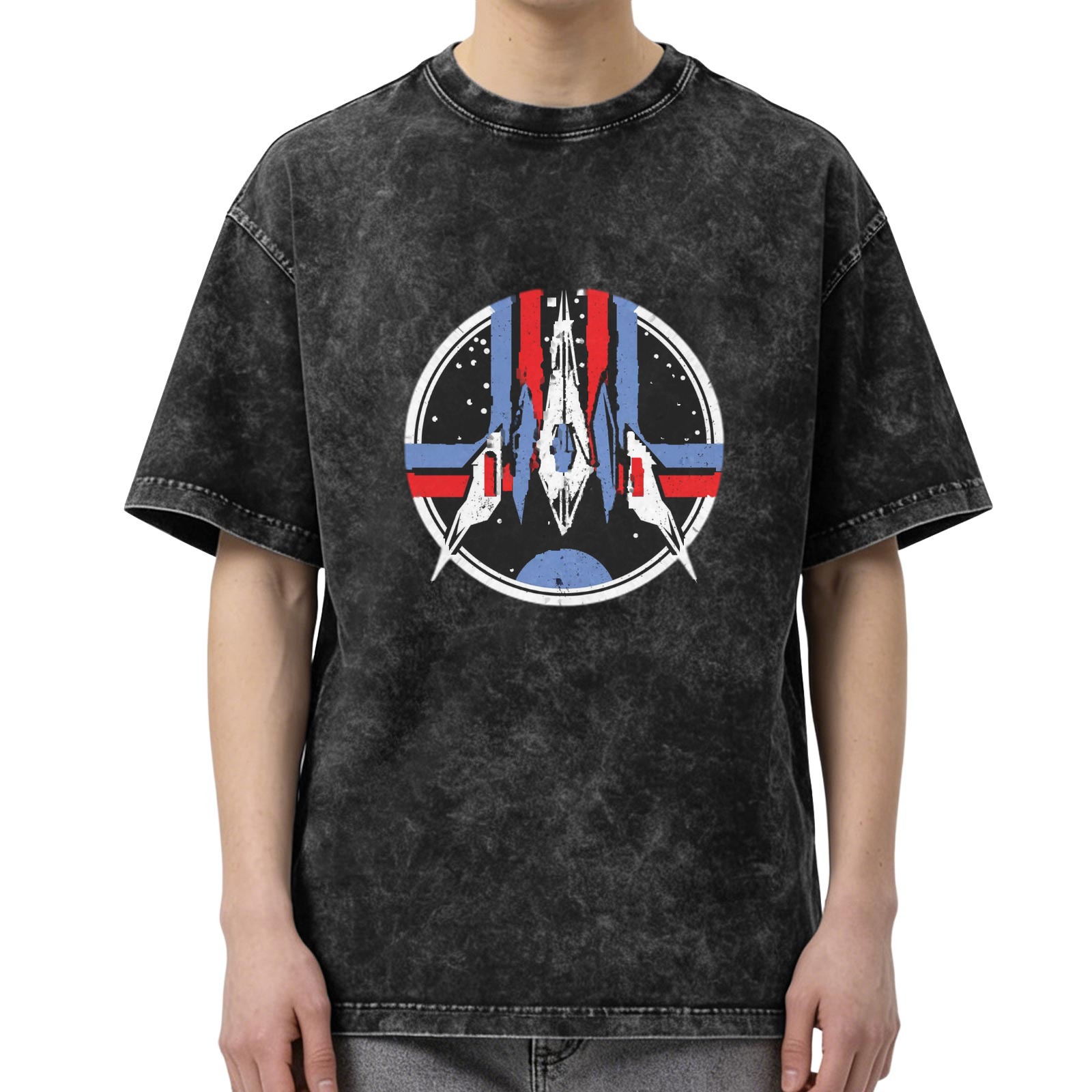 Oversized Stone-Washed Black Graphic T-Shirt with Sci-Fi Space Emblem Print
