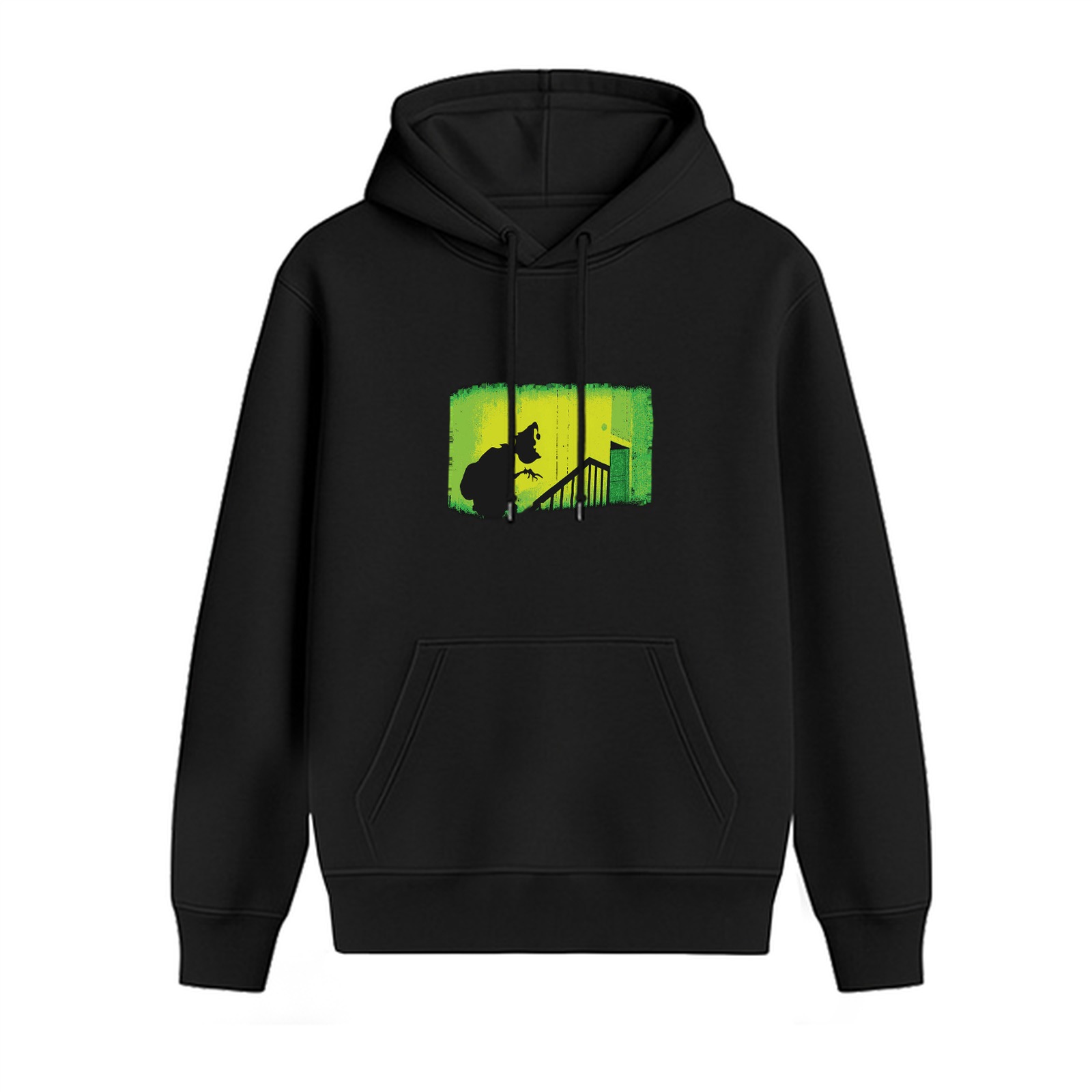 Black hoodie with eerie silhouette stairway graphic print