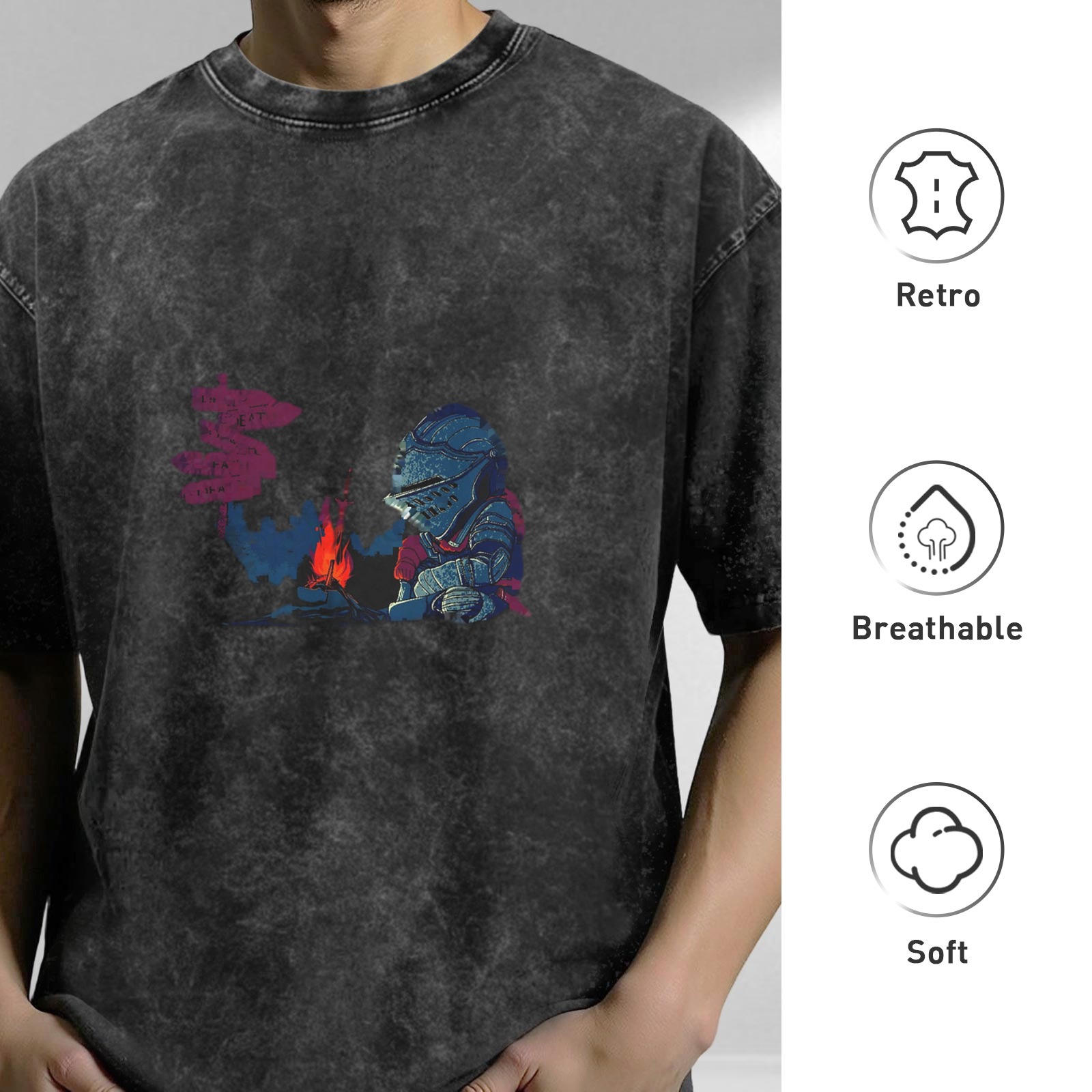 Vintage Washed Black T-Shirt with Knight by Campfire Graphic Print