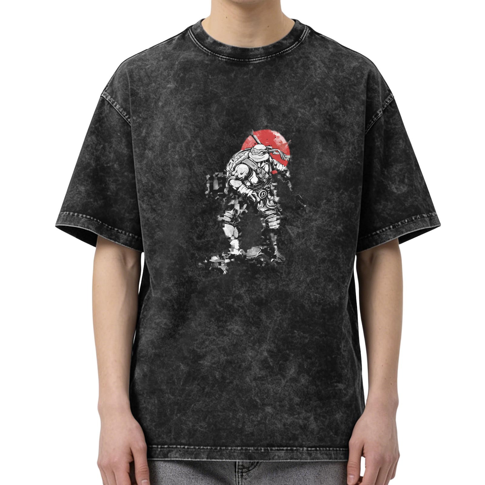 Washed Black Oversized T-Shirt With Ninja Turtle And Red Sun Graphic