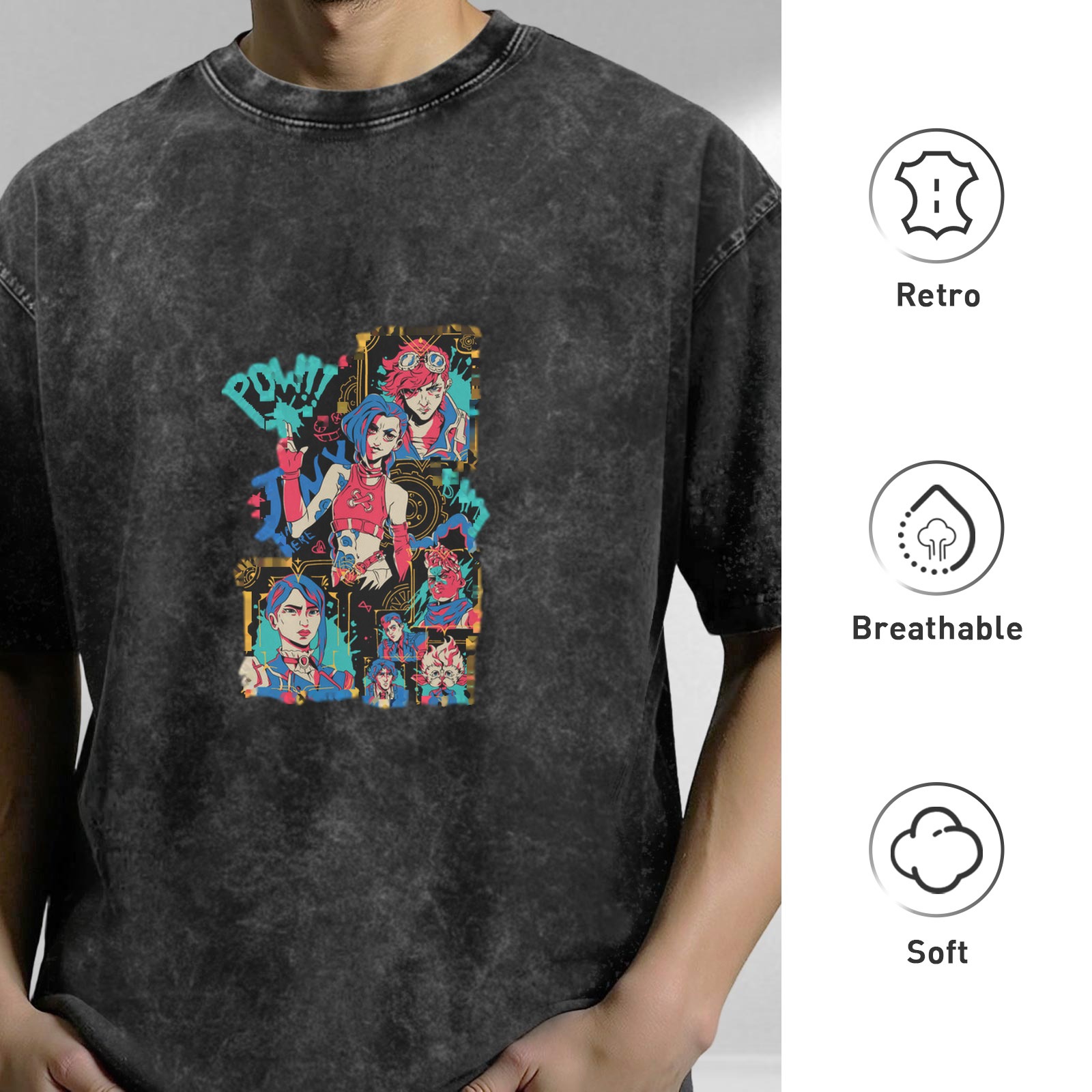 Arcane Jinx and Vi Graphic Washed Black Oversized T-Shirt