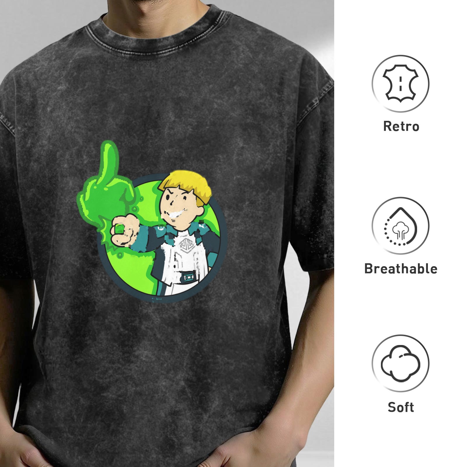 Oversized Acid Wash T-Shirt With Cartoon Character And Green Slime Graphic
