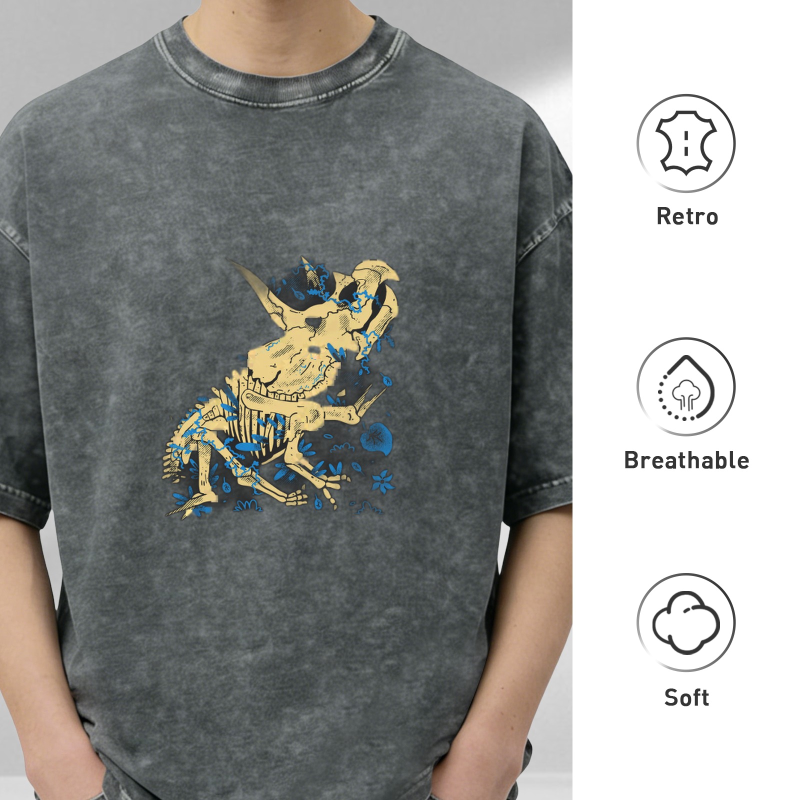 Oversized Acid Wash T-Shirt with Dinosaur Skeleton Graphic