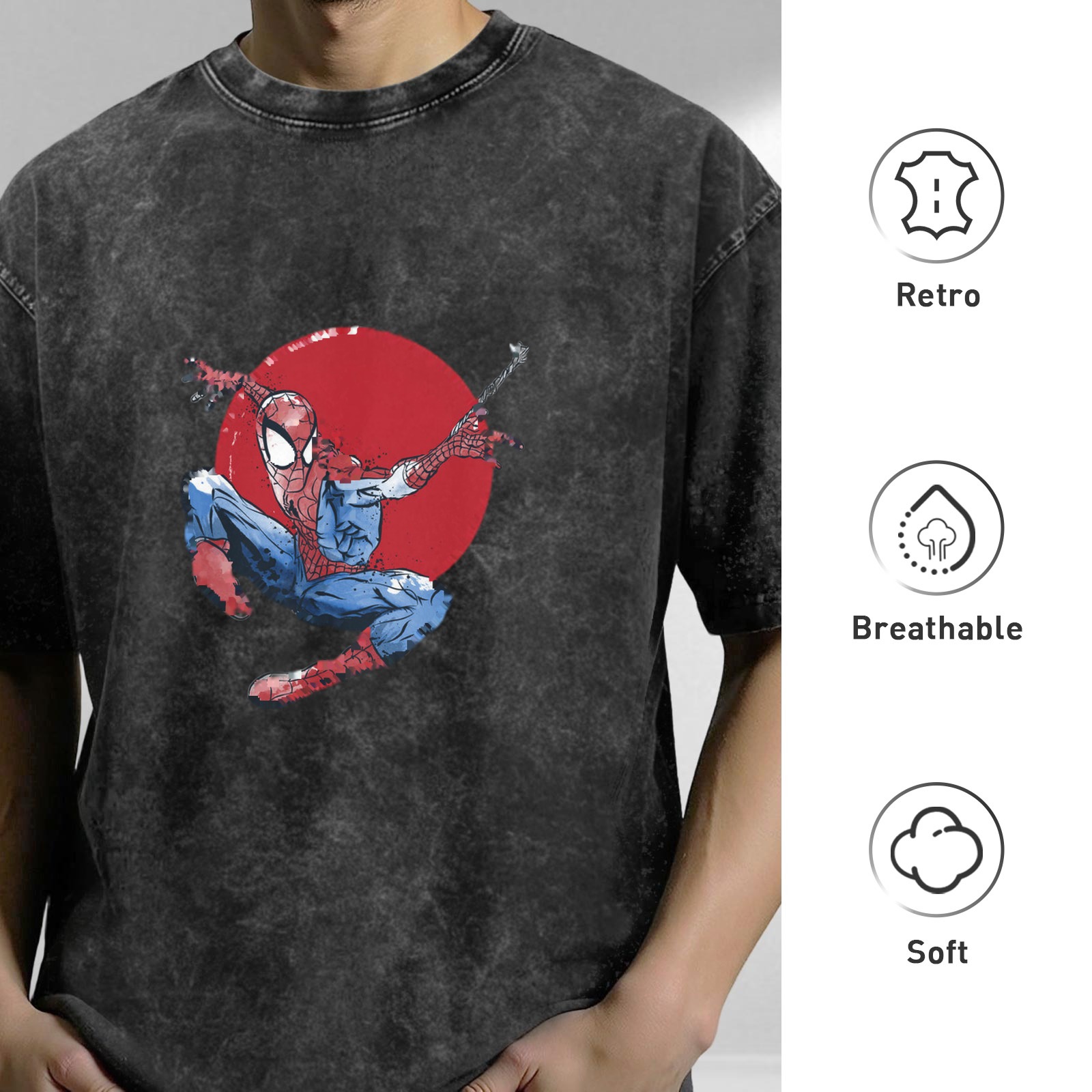 Washed Black Oversized T-Shirt with Spider-Man Red Circle Graphic