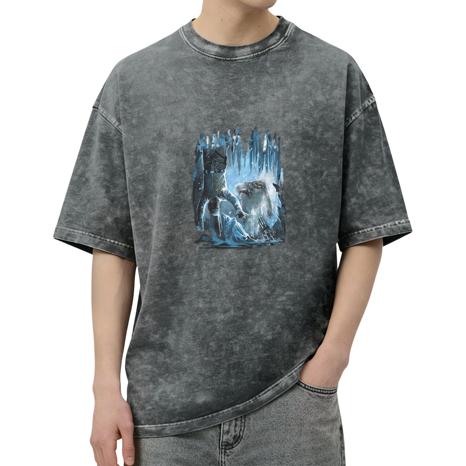 Oversized Acid Wash T-Shirt With Ice Fantasy Graphic Print