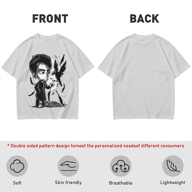 Olive T-Shirt with Chibi Dark Character and Crow Print