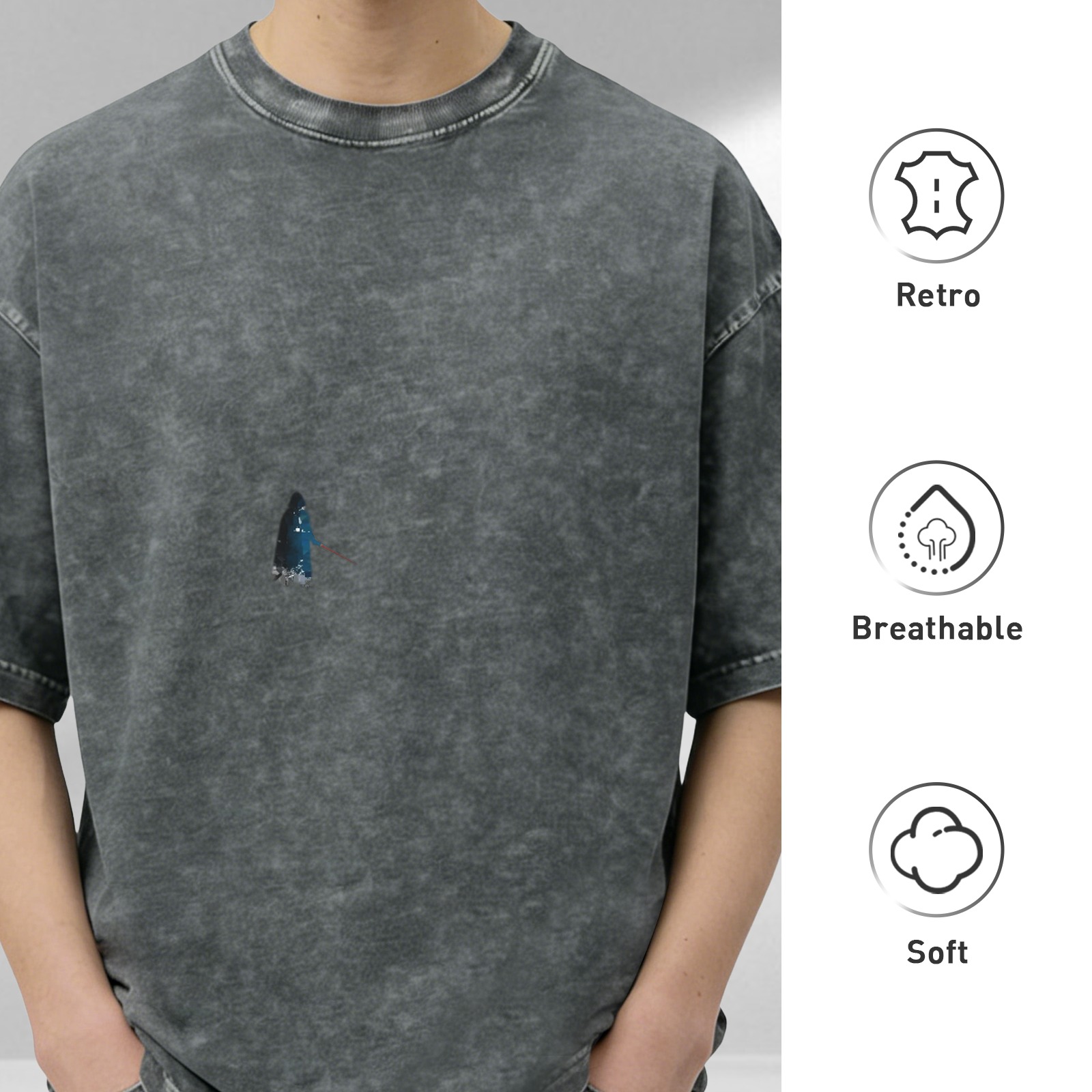 Oversized Black Acid Wash T-Shirt with Small Blue Accent