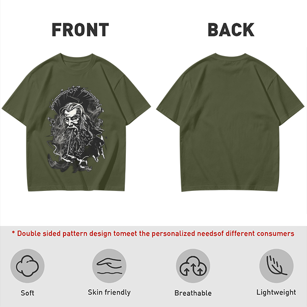 Olive T-Shirt with Wizard Smoking Pipe Fantasy Art Print