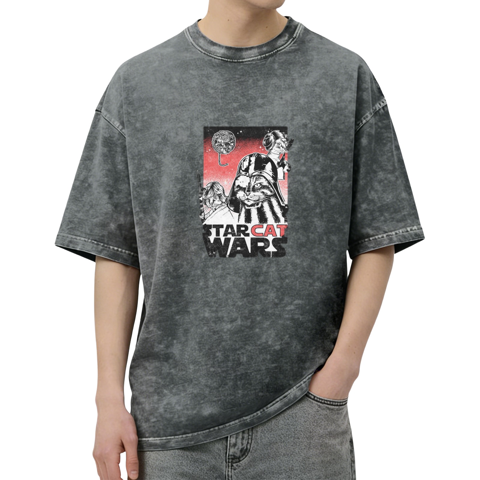 Star Cat Wars Graphic Acid Wash T-Shirt for Cat and Sci-Fi Fans