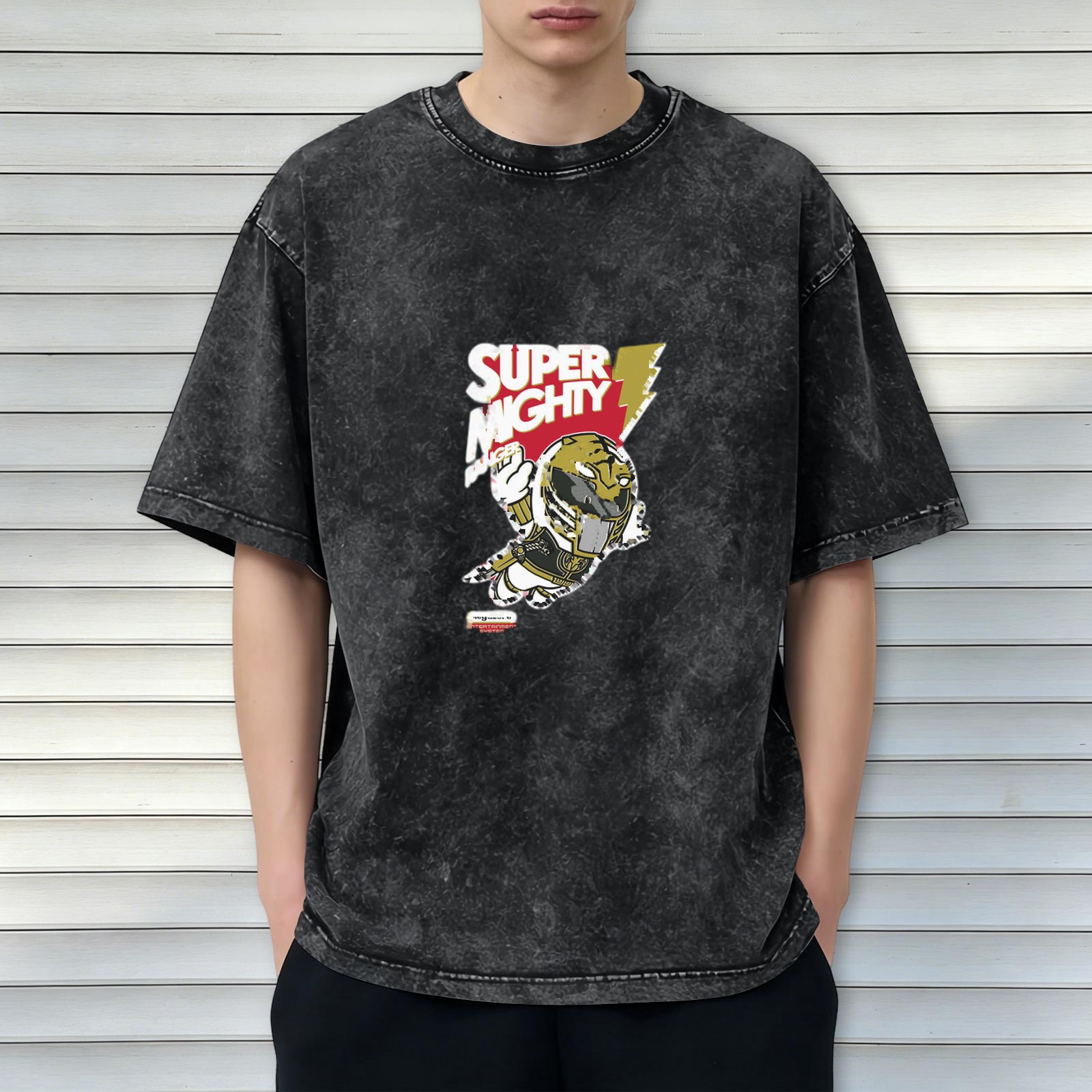 Washed Black Graphic T-Shirt with Super Mighty Hero Print