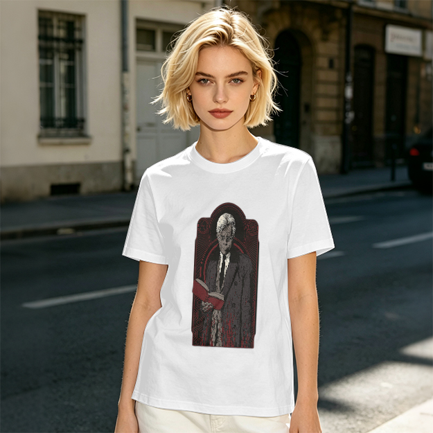 Olive T-shirt with Gothic Figure Holding Red Book Print