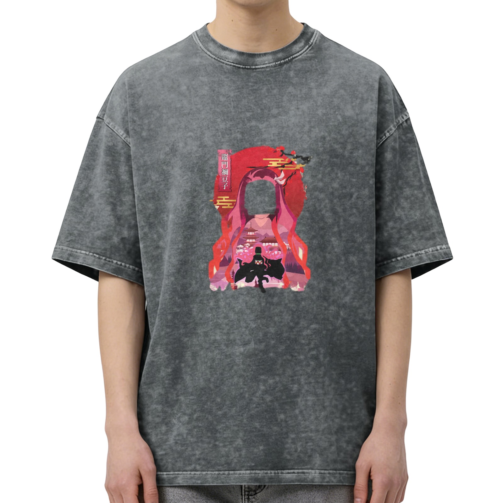 Washed Black Anime Graphic T-Shirt with Japanese Art Design