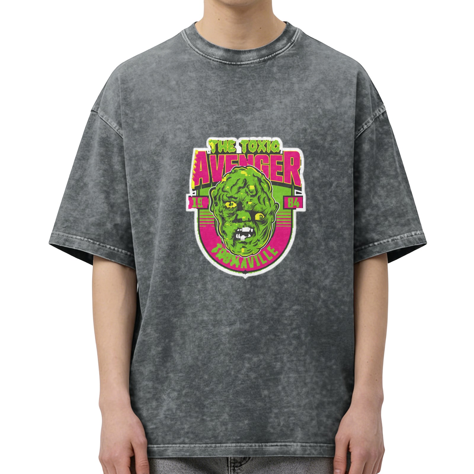 Washed Black T-Shirt with The Toxic Avenger 1984 Tromaville Print