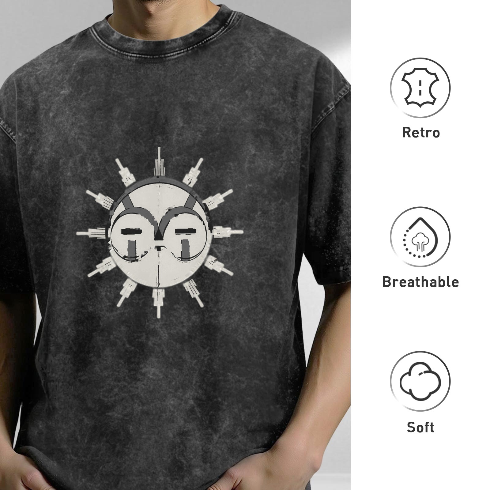 Distressed washed black sun print loose short-sleeved T-shirt