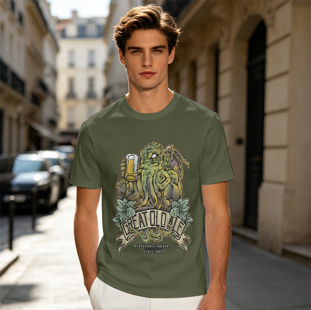 Olive t-shirt with Cthulhu holding beer and Great Old Ale print