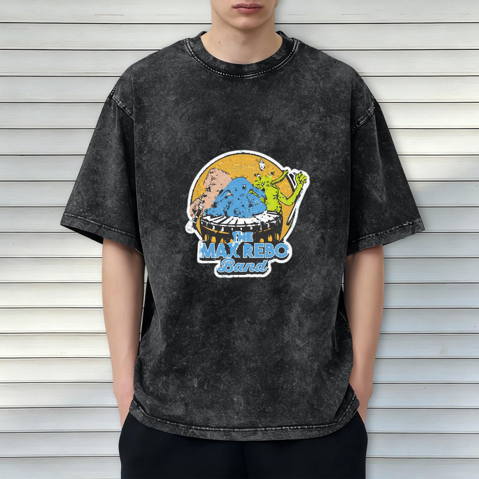 Distressed black short-sleeved T-shirt Star Wars Max Rebo Band band printed top