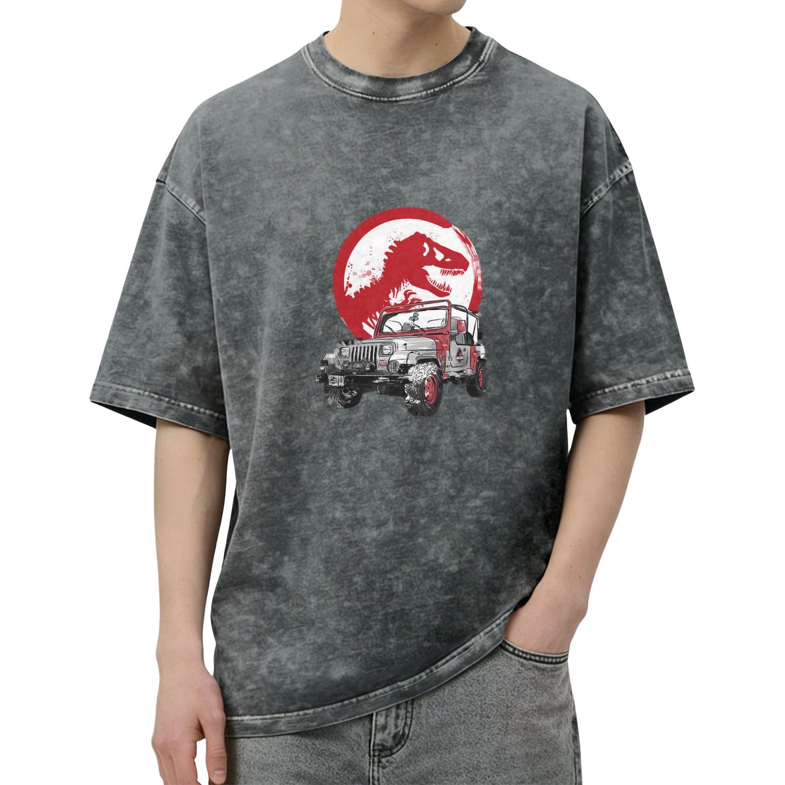 Washed Black T-Shirt with Dinosaur and Off-Road Jeep Graphic