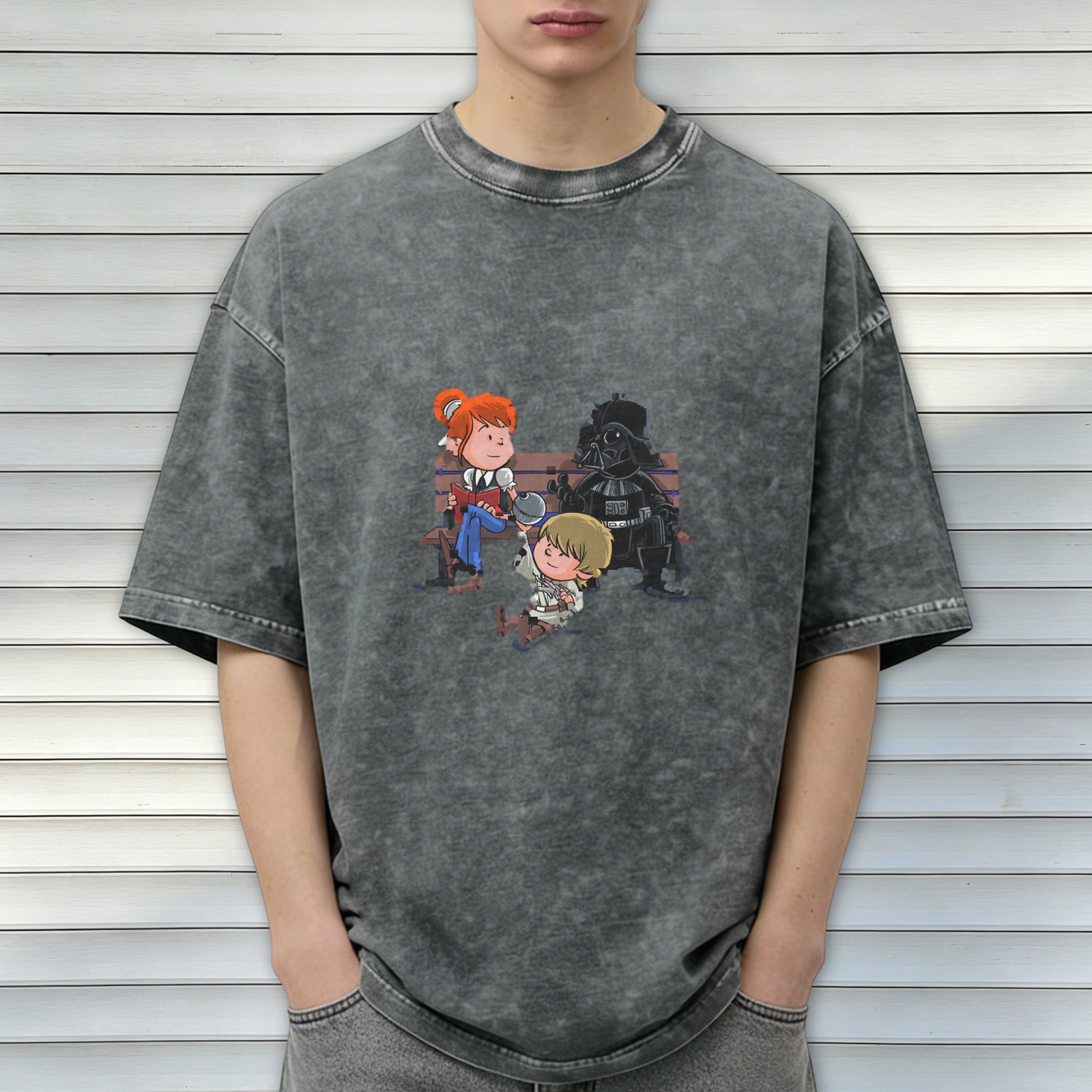 Washed black t-shirt with cartoon Star Wars characters graphic