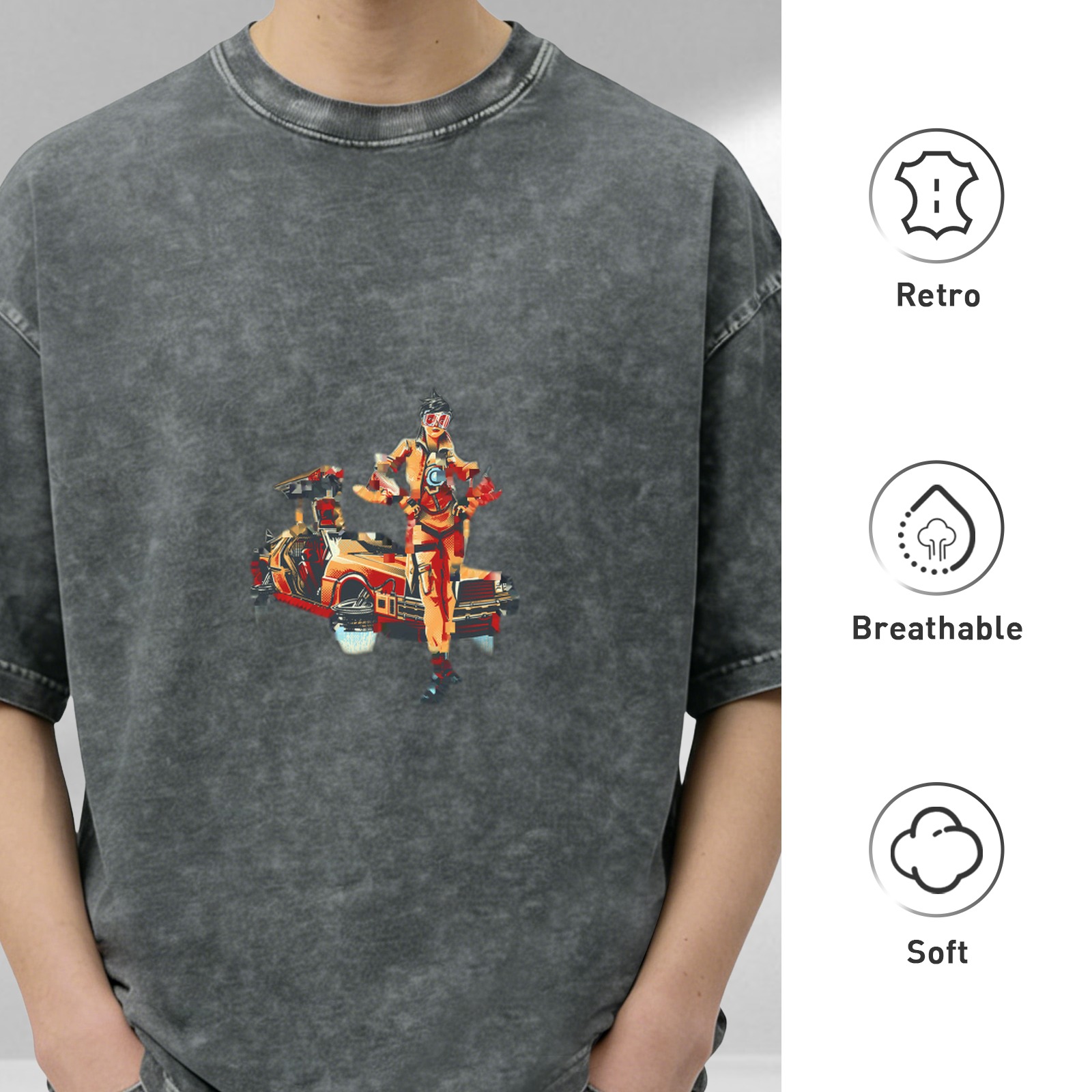 Oversized Acid Wash T-Shirt With Retro Sci-Fi Car And Character Print