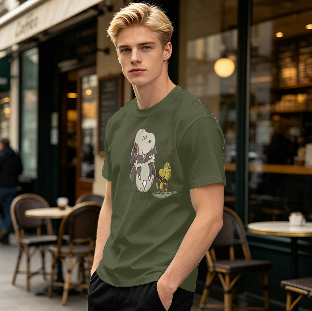 Olive T-shirt with Snoopy and Woodstock Graphic Print