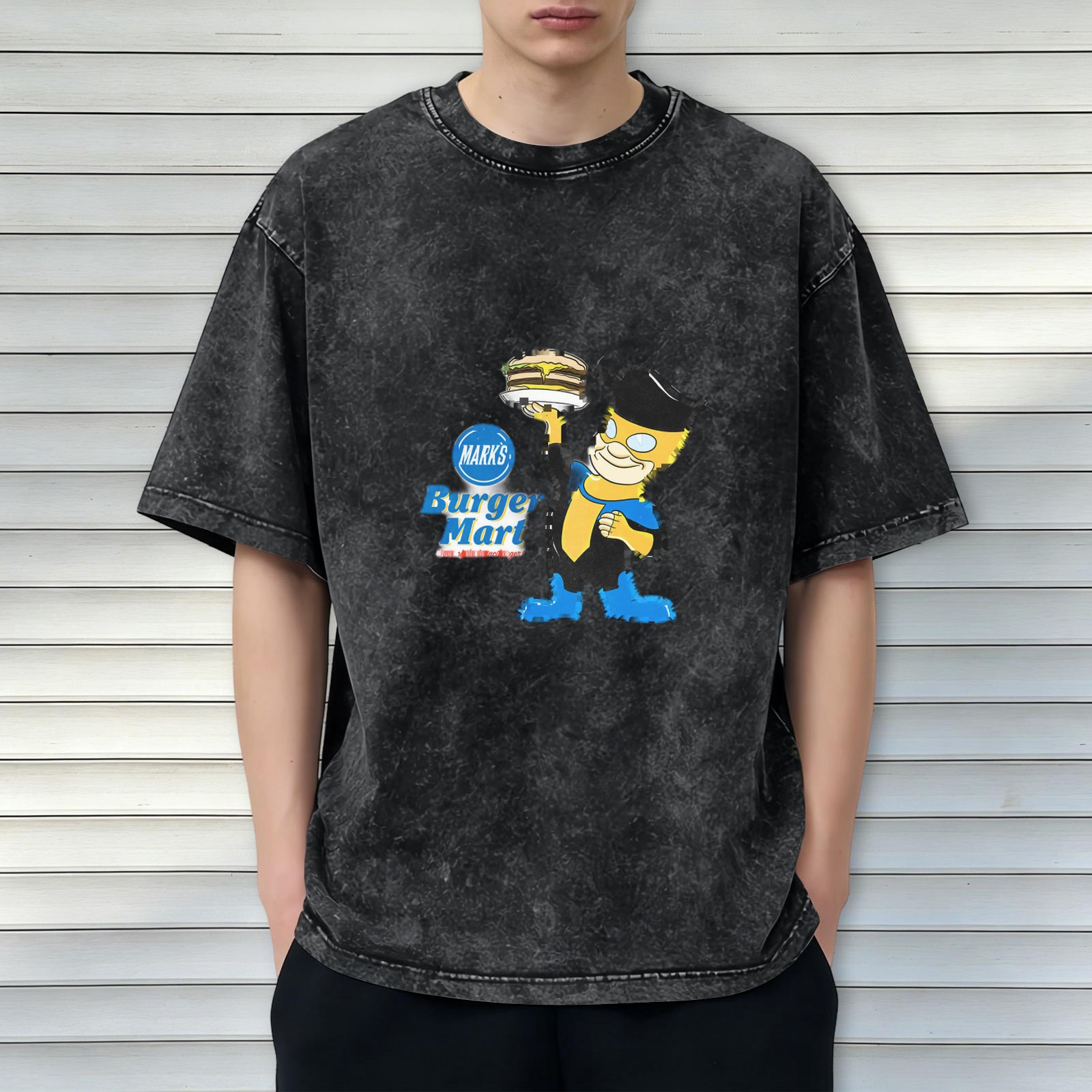 Oversized Acid Wash T-Shirt with Burger Mart Bart Simpson Print