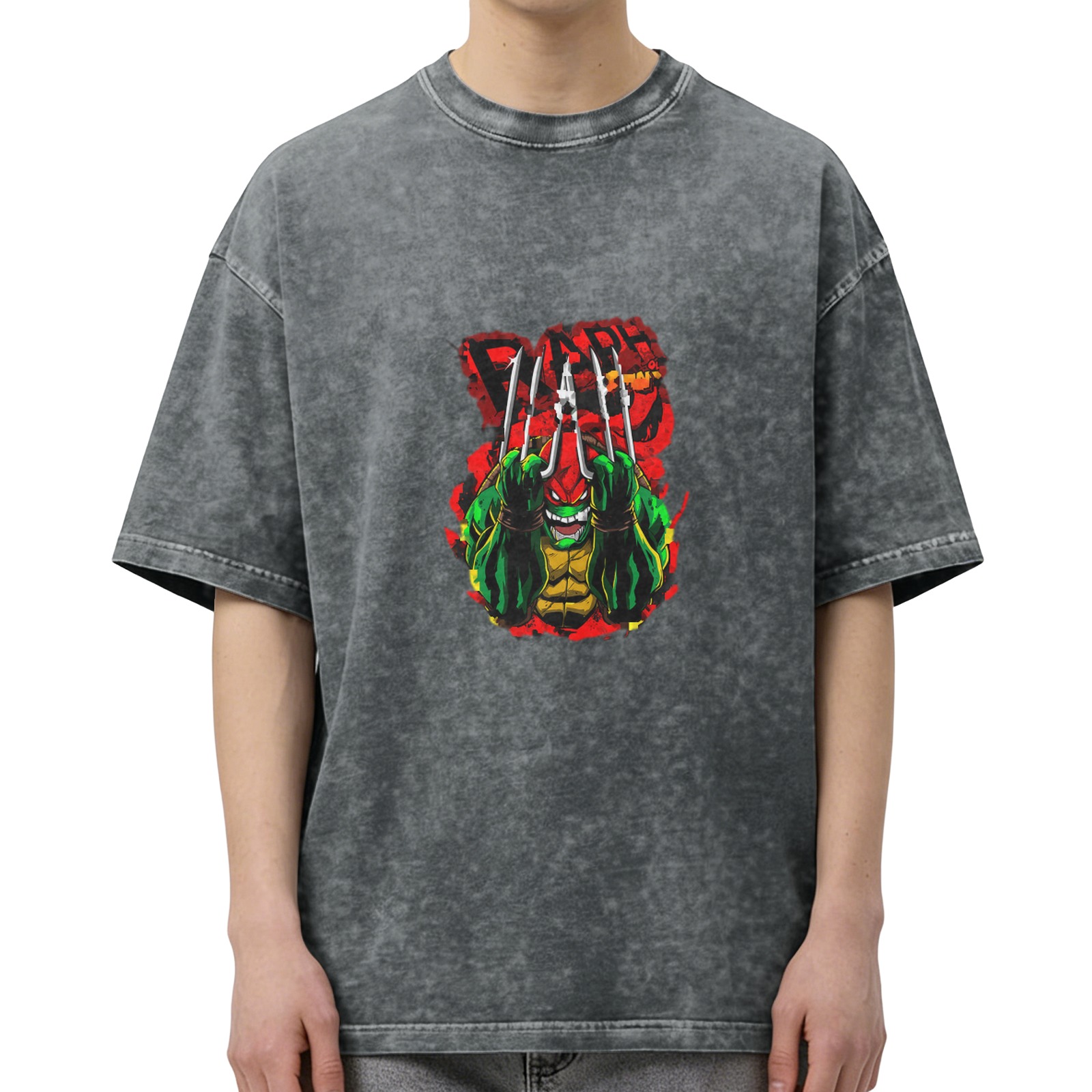 Washed Black T-Shirt With Angry Raphael Ninja Turtle Graphic