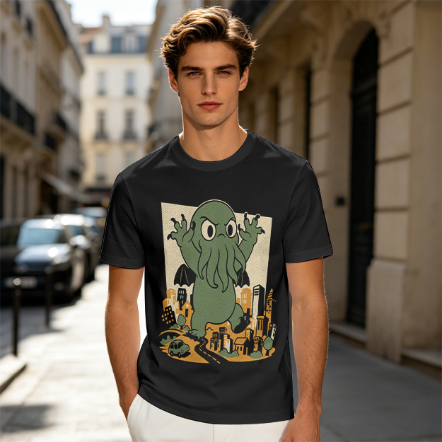 Olive T-shirt with cartoon Cthulhu monster destroying cityscape print