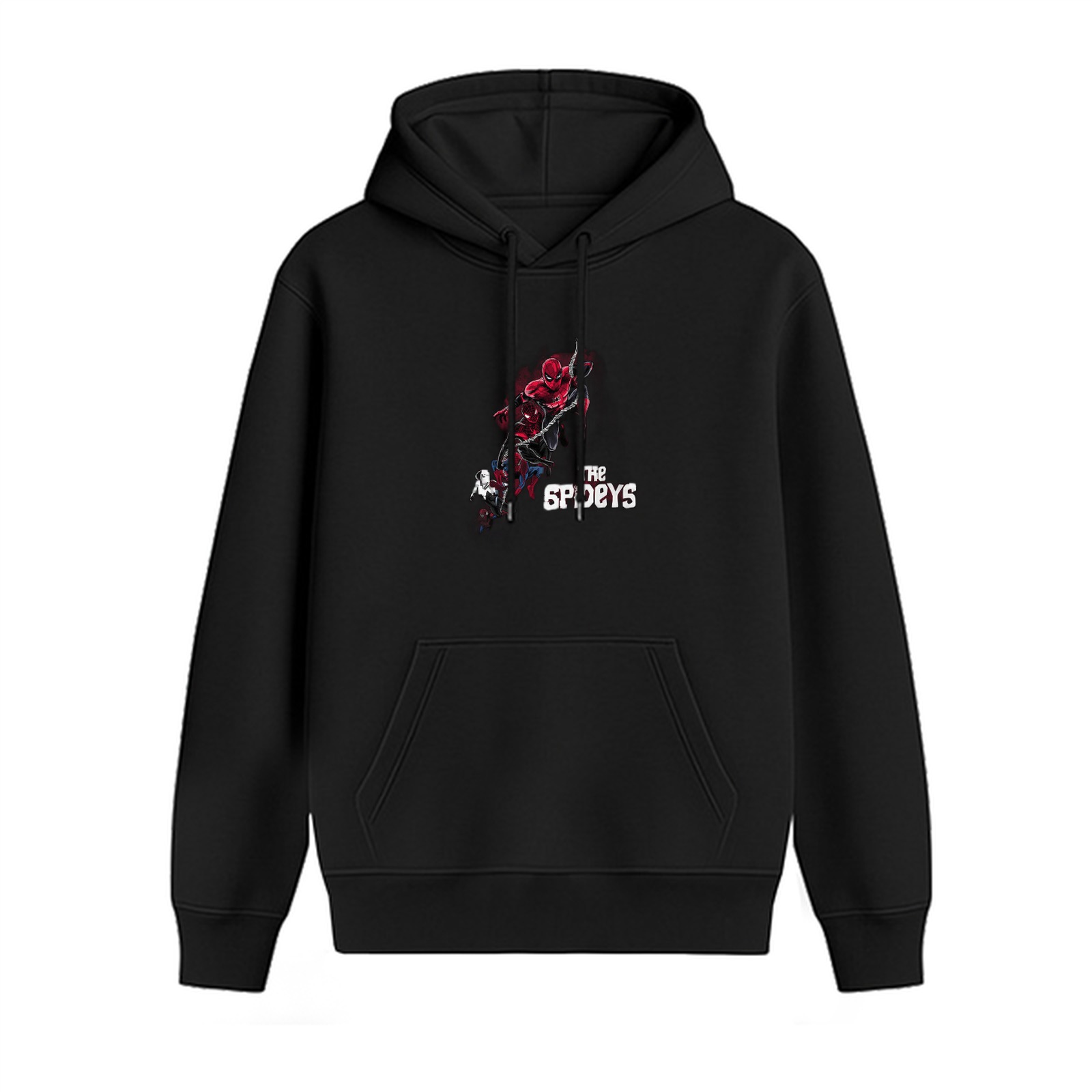 Black hoodie with Spider-Man graphic and The Spideys text