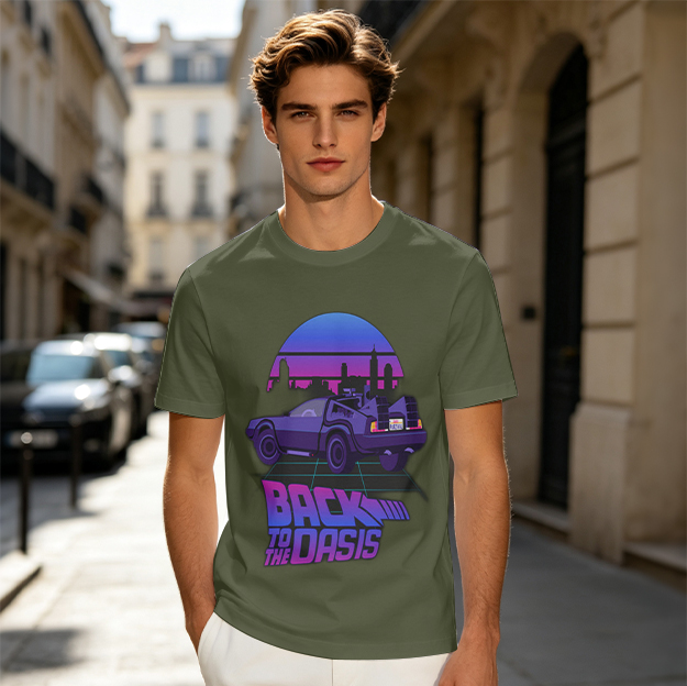 Olive T-Shirt with Retro Synthwave Delorean 'Back to the Oasis' Print