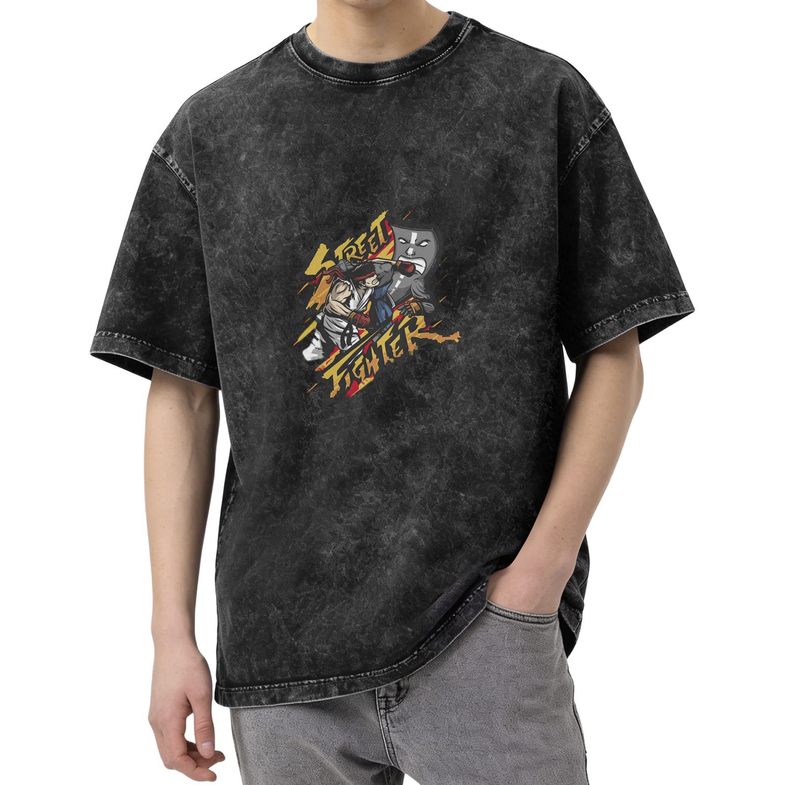 Oversized Stonewashed Black T-Shirt With Street Fighter Graphic Print