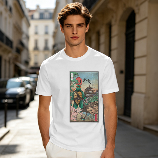 Olive T-Shirt with Ninja Turtle Ukiyo-e Style Print