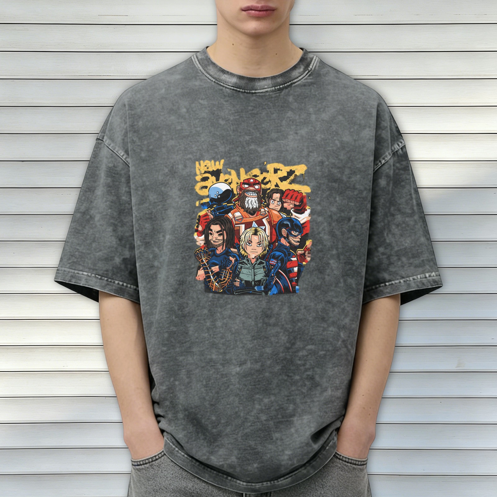 Washed Black T-Shirt With New Avengerz Superhero Group Artwork