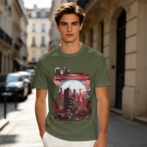Olive Graphic T-Shirt with Post-Apocalyptic Cityscape Print