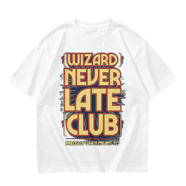 Olive t-shirt with Wizard Never Late Club graphic print