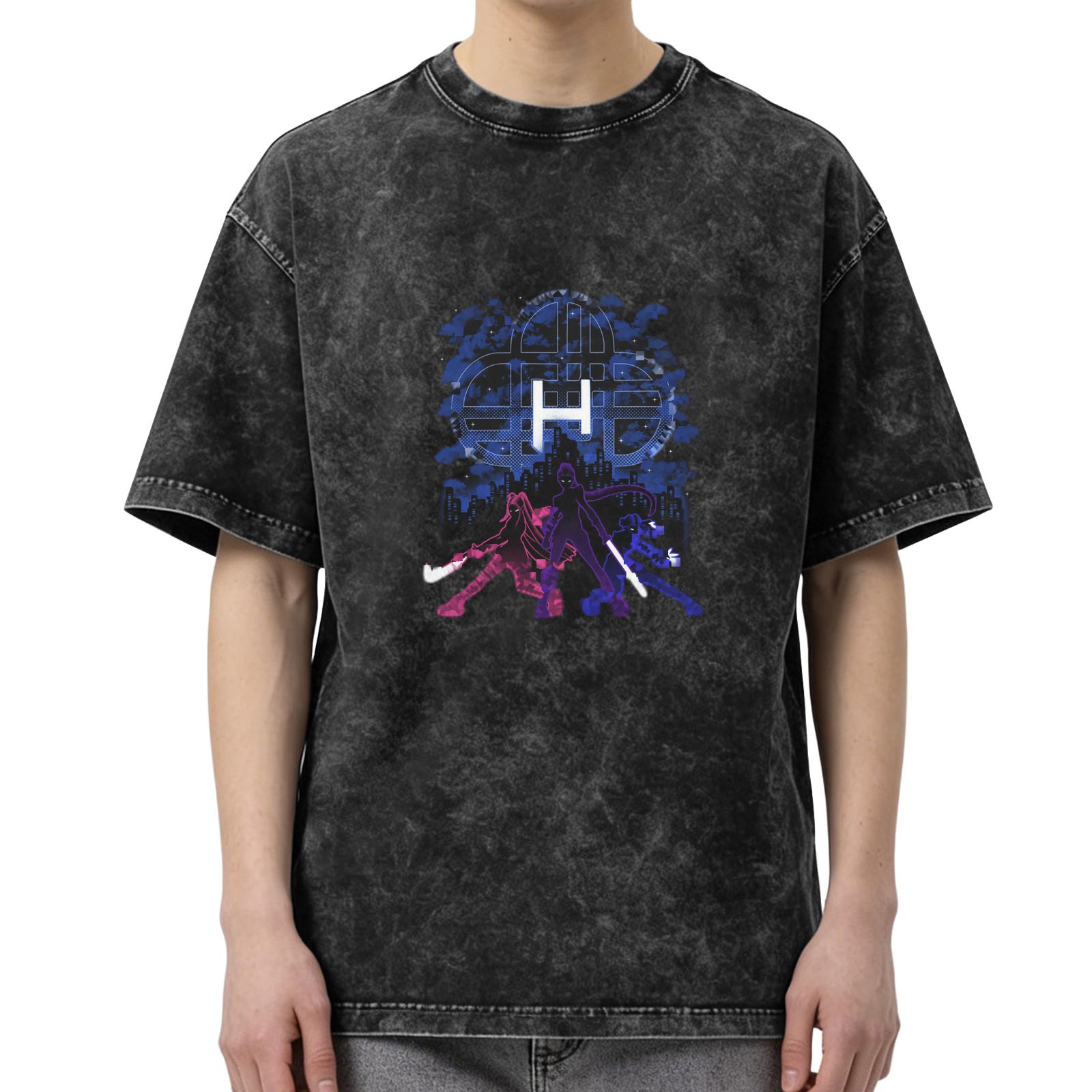 Washed black graphic t-shirt with anime hero silhouettes and cityscape design