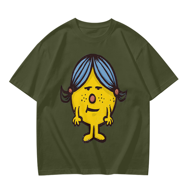 Olive Green T-Shirt With Grumpy Yellow Cartoon Girl Print