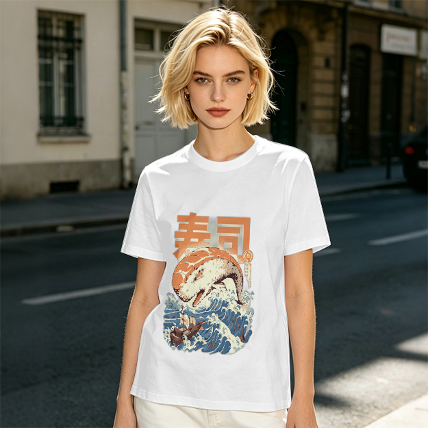 Olive t-shirt with sushi monster and great wave graphic