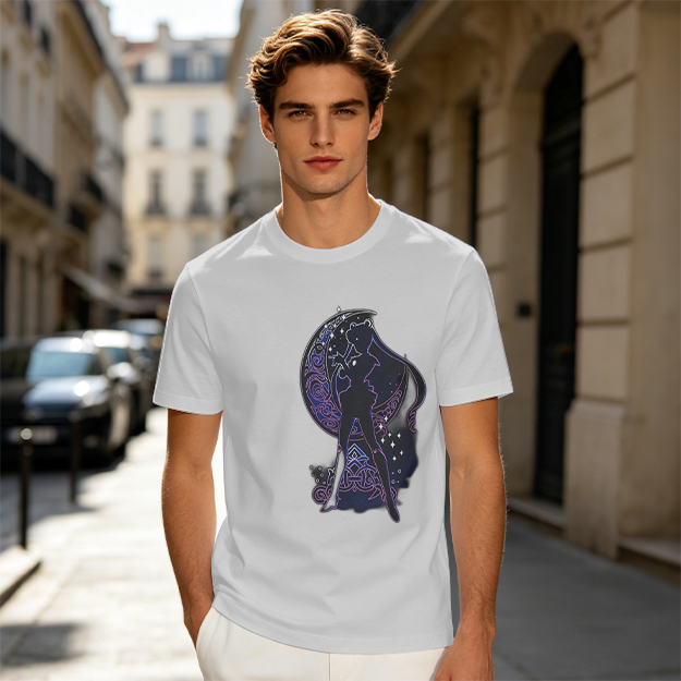 Olive T-Shirt With Celestial Moon Girl Silhouette Graphic