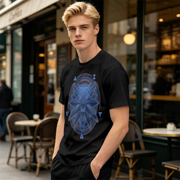 Olive T-Shirt With Witcher Wolf Medallion Graphic Print