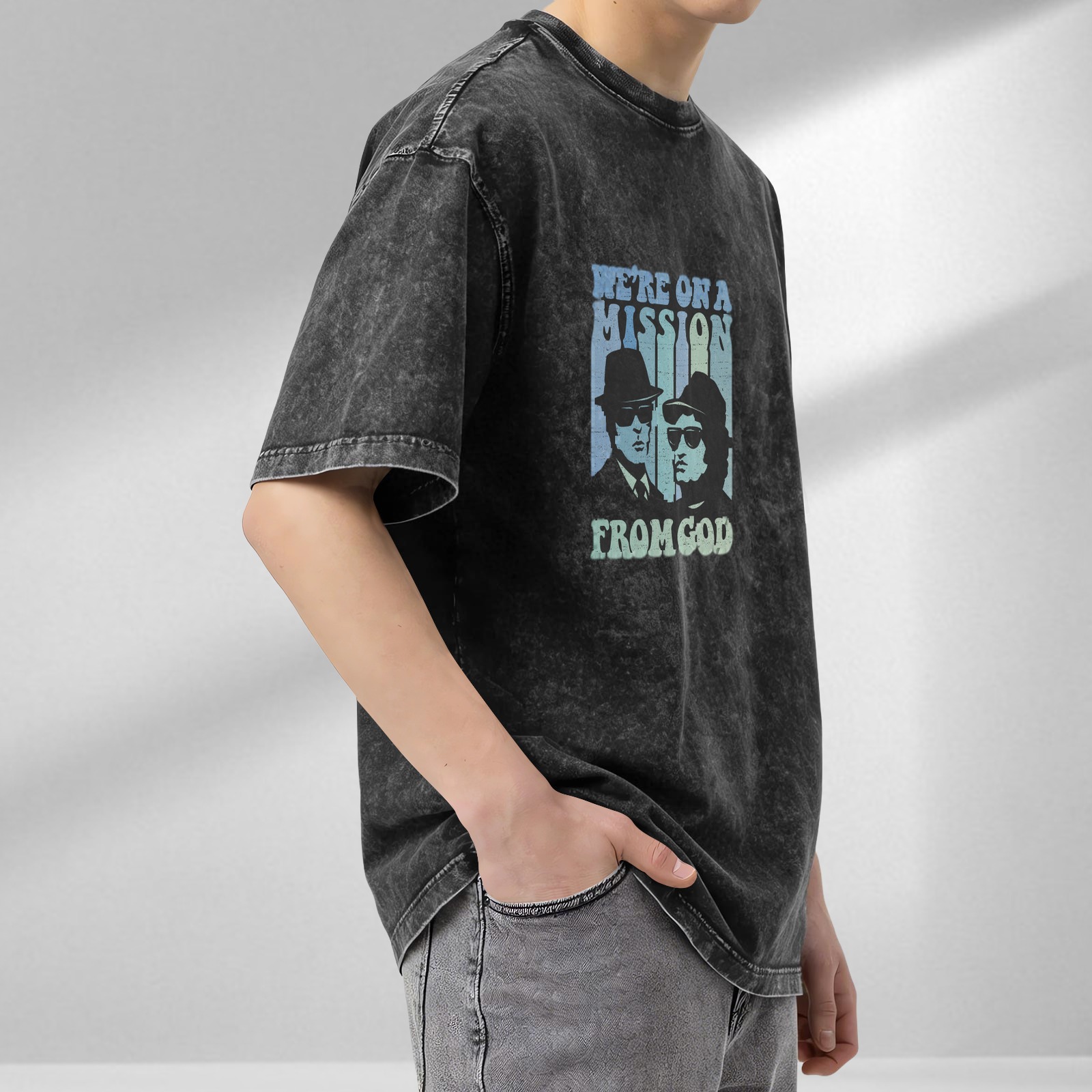 Retro washed black short-sleeved T-shirt Blues Brothers themed print 'We're On A Mission From God' distressed casual top