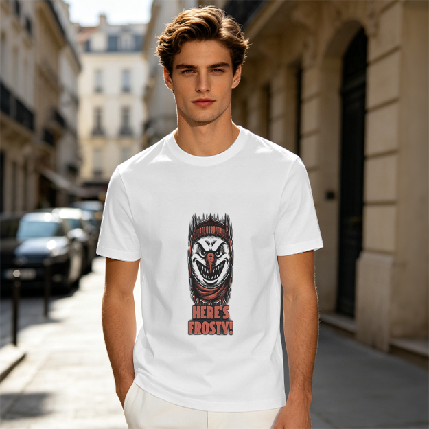 Olive T-shirt with Evil Snowman Here's Frosty Graphic Print