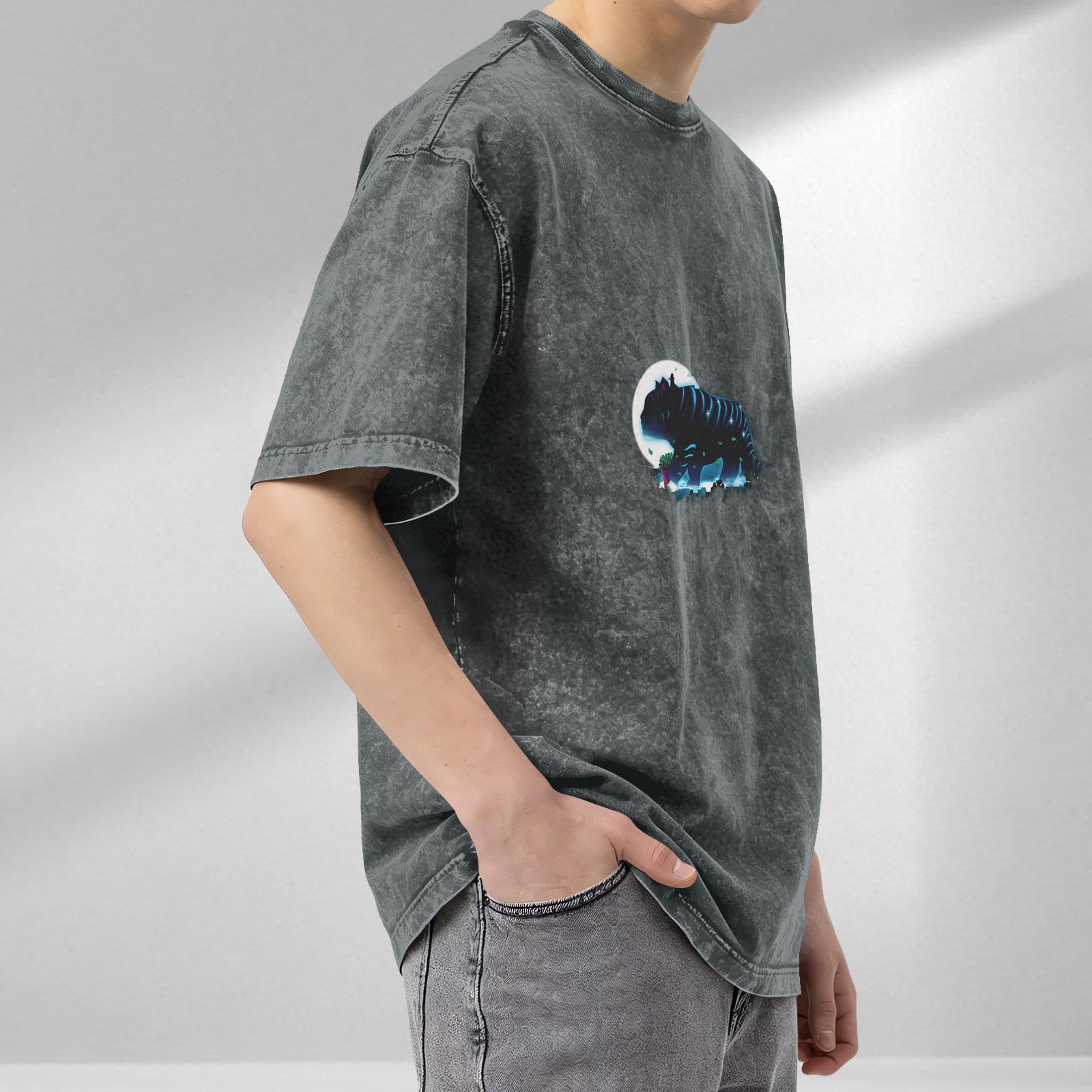 Oversized Dark Wash T-Shirt With Glowing Fantasy Creature Print