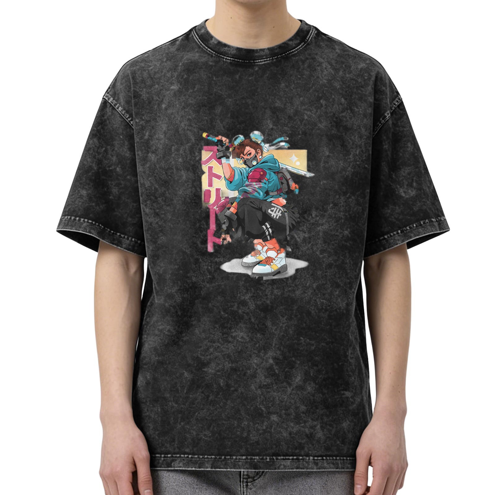 Oversized Acid Wash T-Shirt with Anime Cyberpunk Ninja Graphic