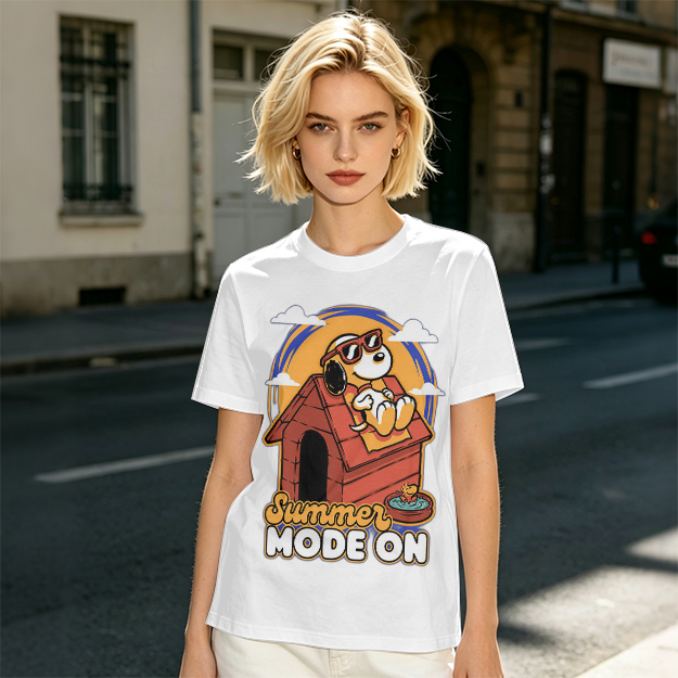 Olive t-shirt with Snoopy summer mode on graphic design