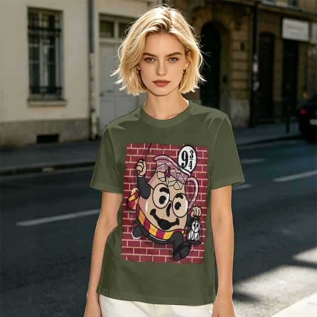 Olive T-shirt with Harry Potter themed pitcher graphic