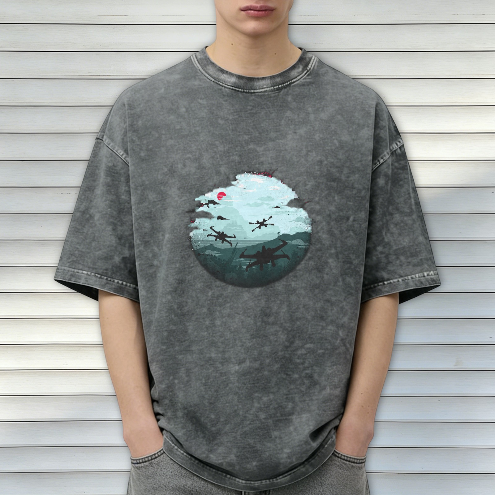 Oversized Vintage Wash Graphic T-Shirt with Star Wars X-Wing Fighter Design